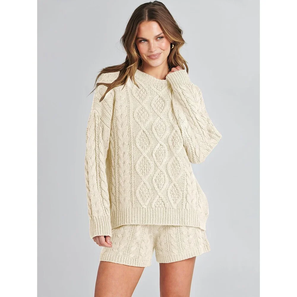 ANRABESS Women's Beige 2 Piece Outfits Sweater Lounge Loungewear Sets 2025 M